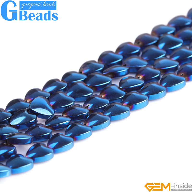 Hematite Blue Metallic Coated Reflections Flat Heart Beads For Jewelry Making