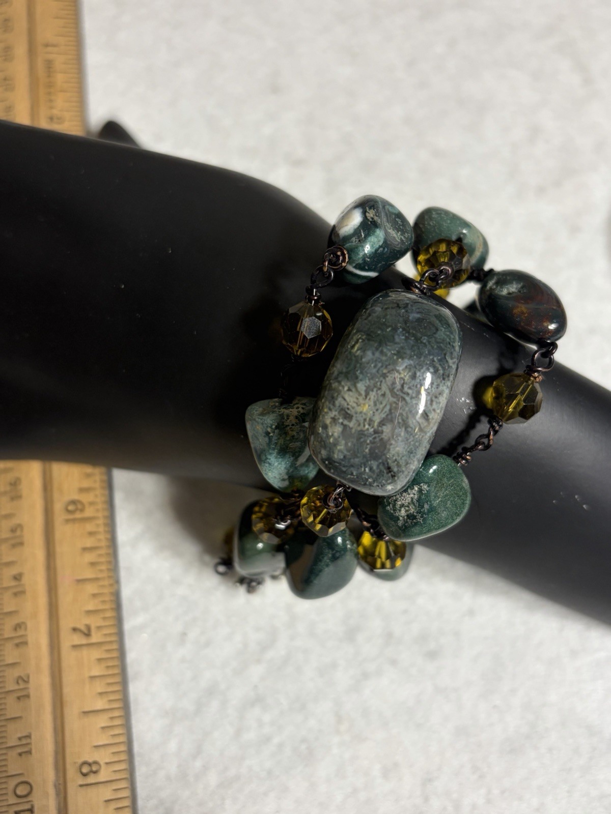 Handmade Moss Agate Bracelet Boho Wire Wrapped Green Jasper Multi Strand Cuff