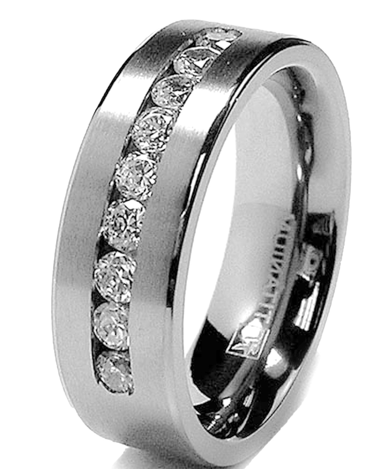 8 MM Men’s Titanium ring wedding band with 9 large Channel Set Cubic Zirconia