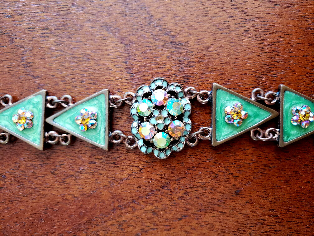 Designer Bracelet with Copper Colored Metal Enamel & Diamante’s 7 – 8 1/4 inches