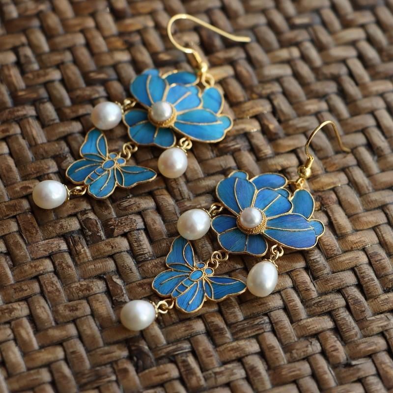 Cloisonne Drop Earrings Gold Plated Long Hook Hanfu Chinese Style Women