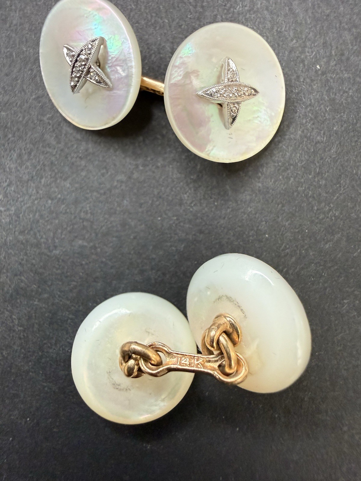 Rare Larter Mother Of Pearl Diamond Cufflinks With 14 kt Gold Link