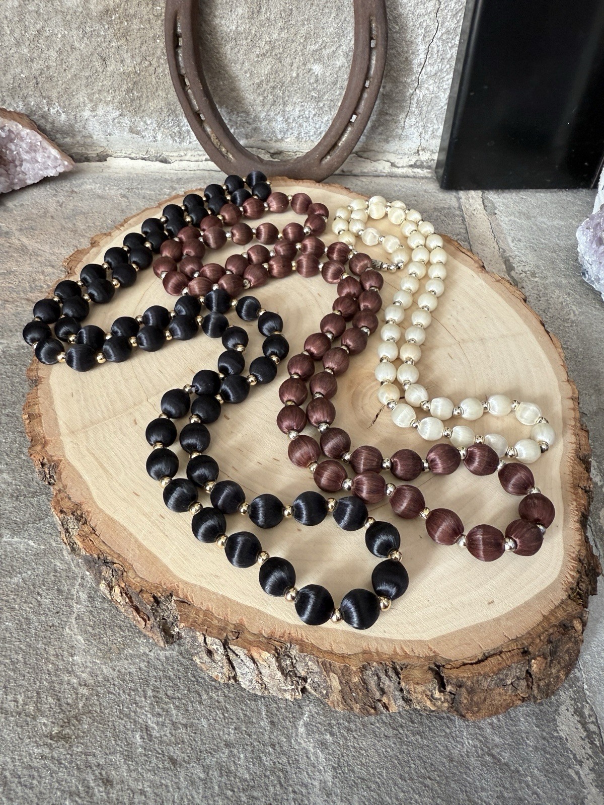 Vintage Multi-Color (Black, Brown and Ivory) Silk Beaded Necklace Set