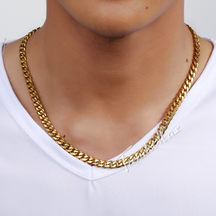 7MM Necklace Bracelet SET Stainless Steel Chain Gold Plated Cuban Link For MEN