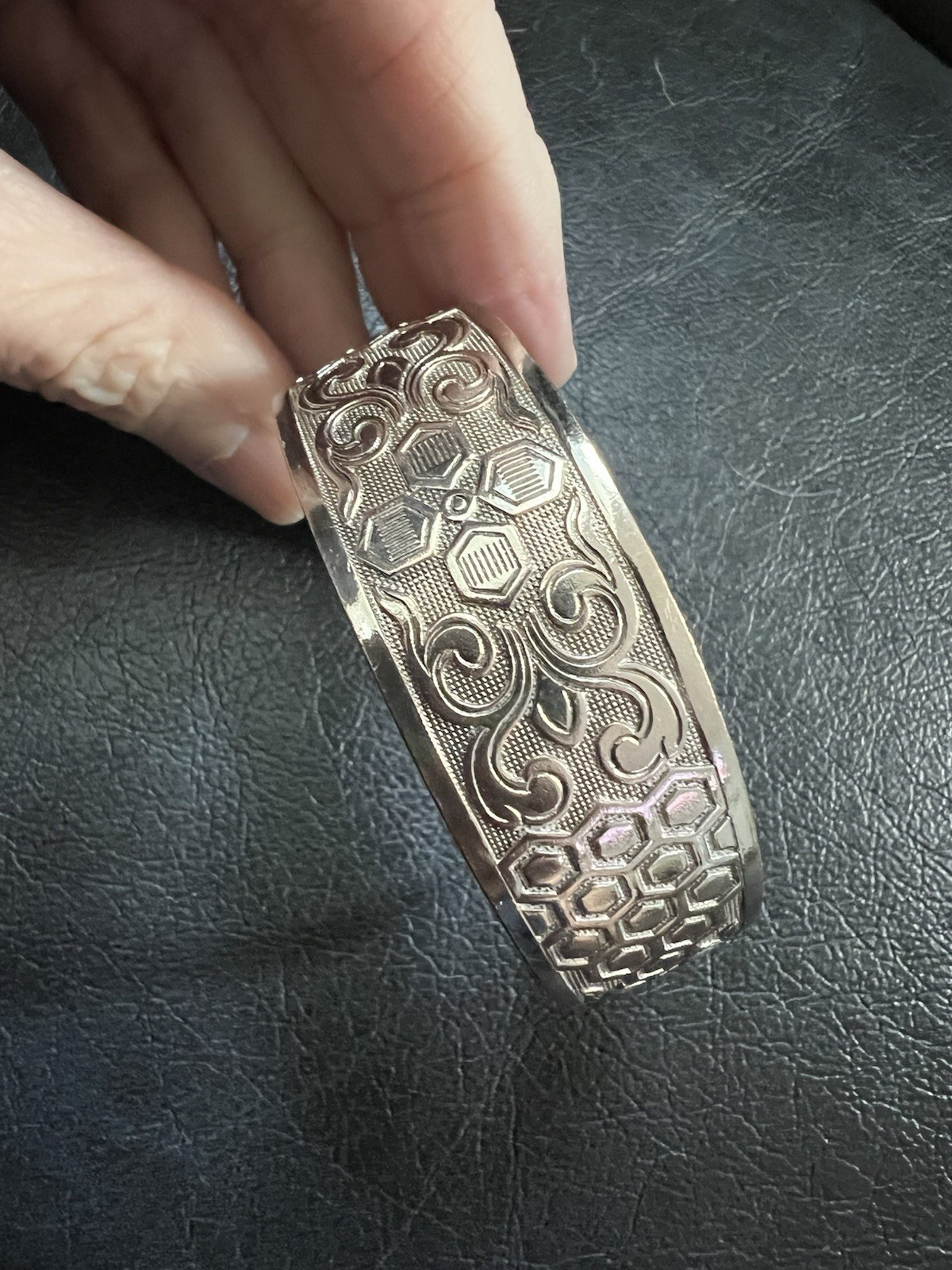 Wide Silver Tone Engraved Cuff Bracelet Floral Scroll Honeycomb Boho