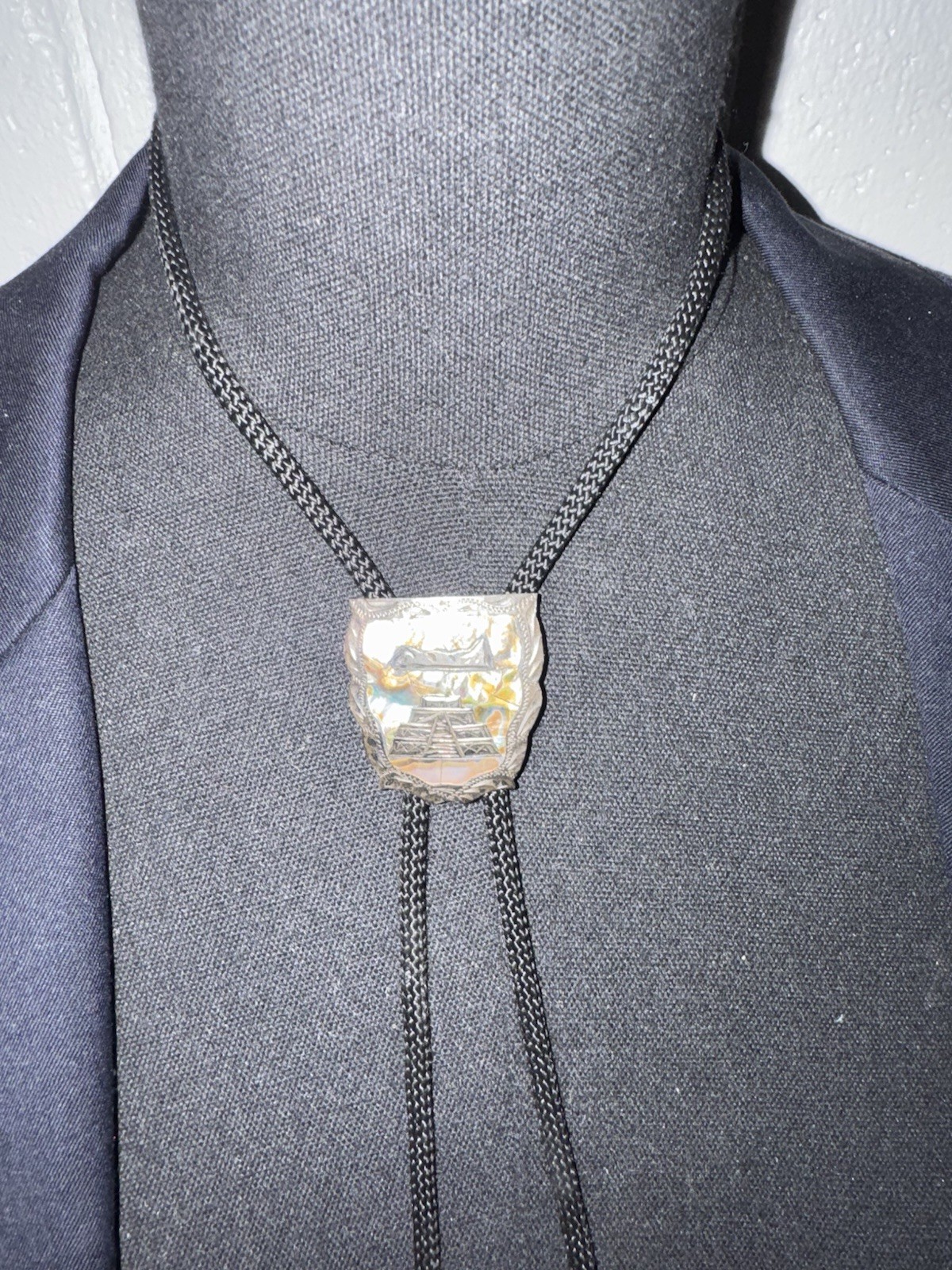 UFGM Men’s Adjustable Black Bolo Tie with Silver-Tone Metal Slide, Signed