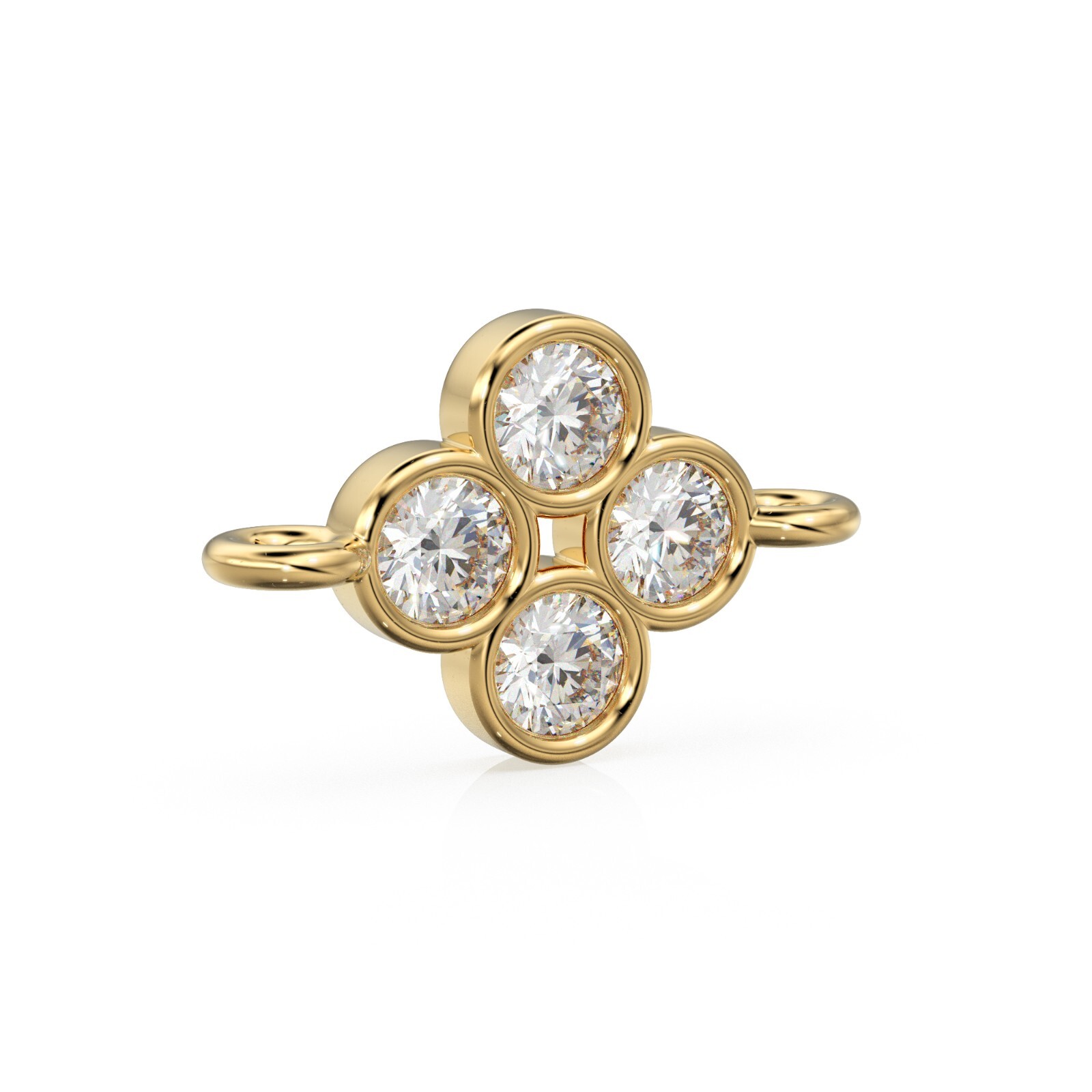 18K Solid Gold Diamond Clover Connector Bezel Set Quad Link Spacer Finding