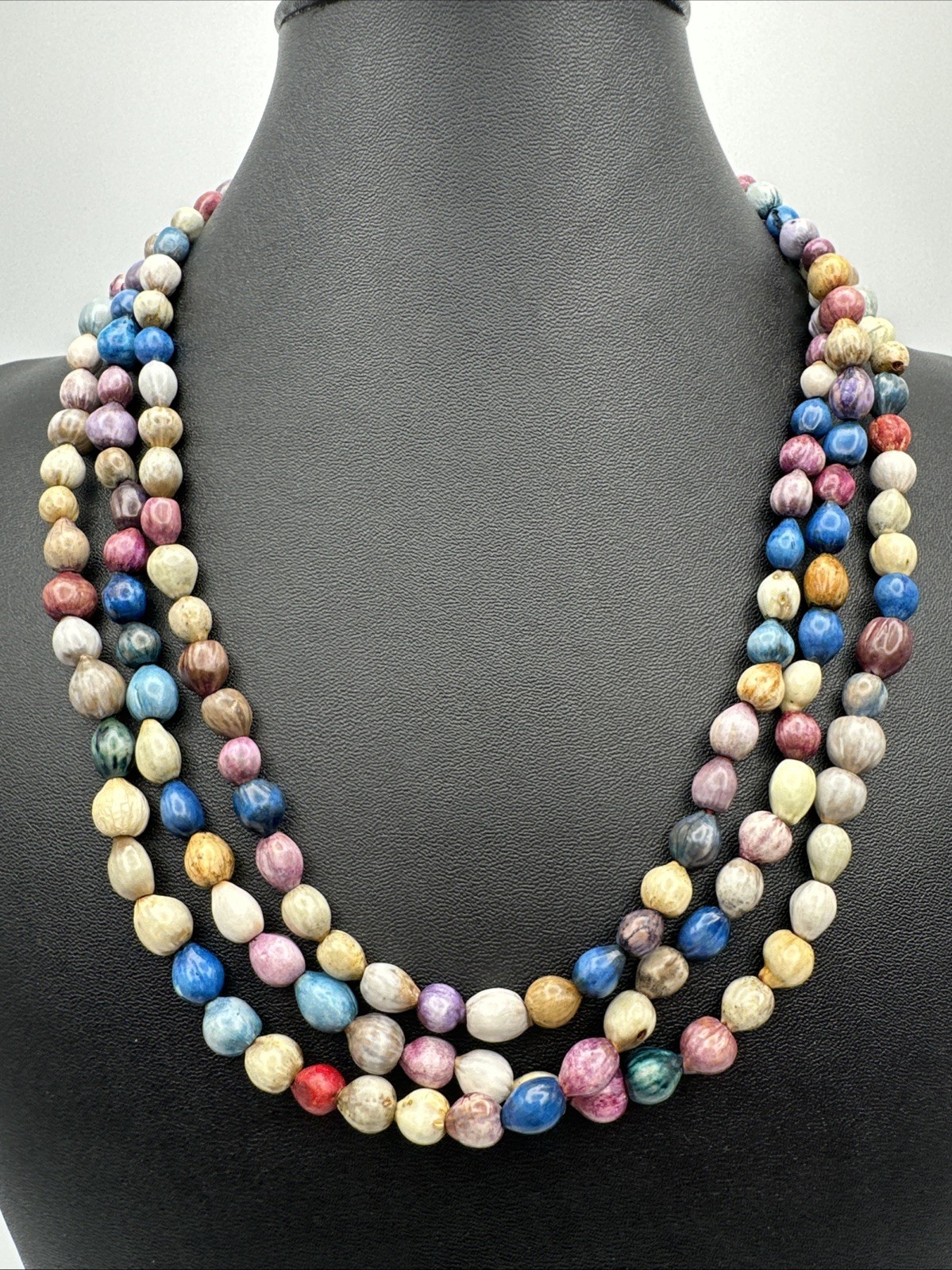 Vintage Colorful Dyed Job’s Tears Seeds Beaded Statement Necklace Long 62” Long