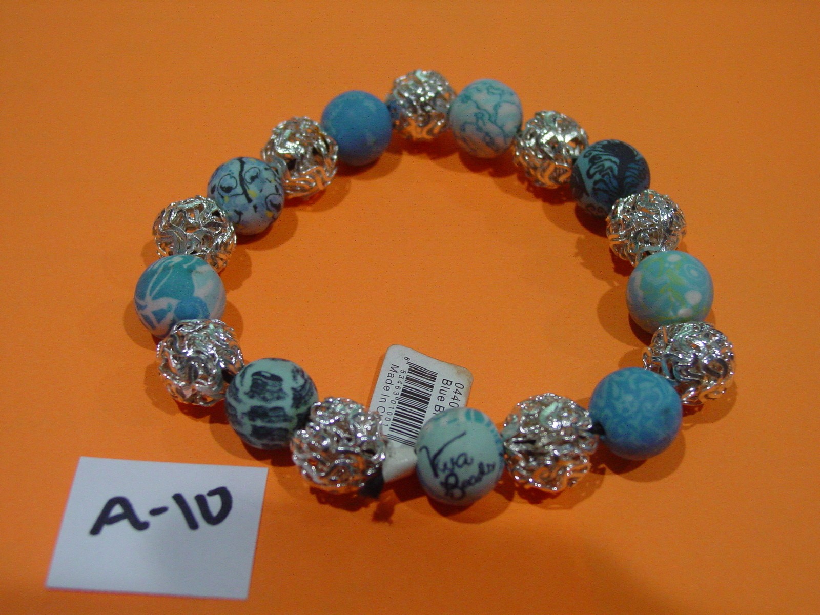 Viva Beads Blue Silver Clay Chunky Love Nature Beaded Stretch Bracelet NWT