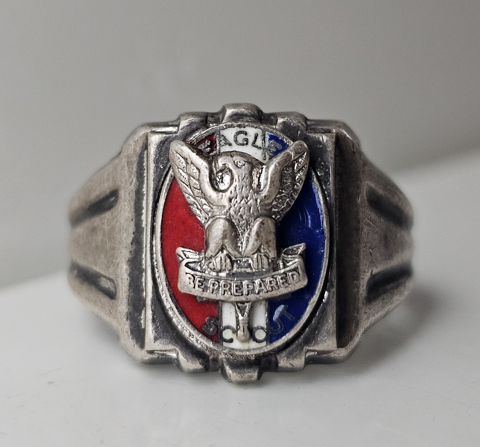Vintage Old Sterling Silver Enamel Eagle Scout Ring Circa 1950 Size 10.5 Mens