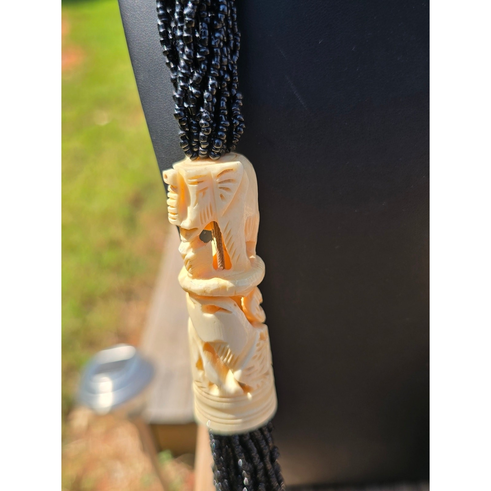 Tribal Black Multi-Strand Seed Bead Necklace with Carved Ivory Accents