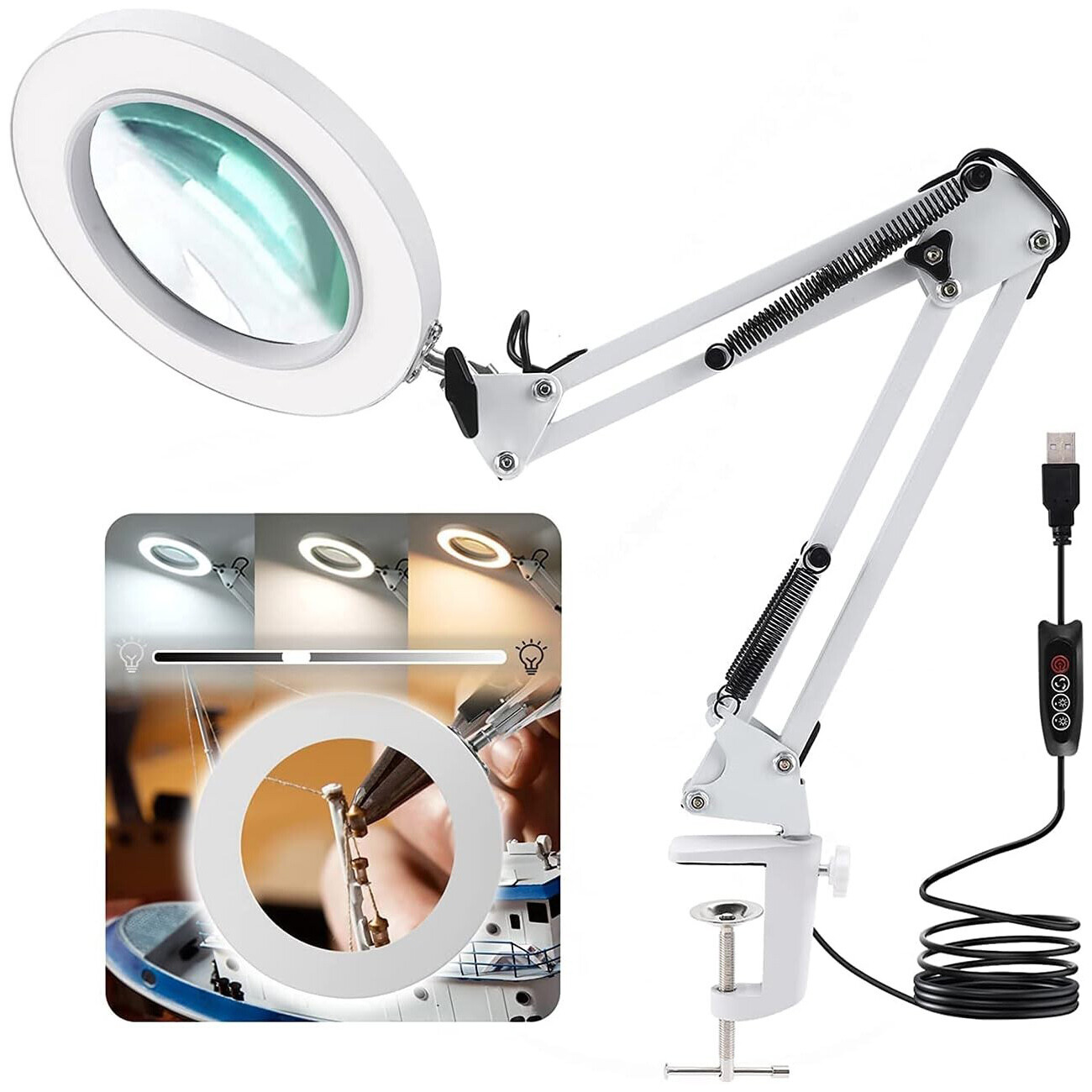 Desk Lamp with 10X Magnifying Glass 10 Brightness Levels Adjustable Clamp Light