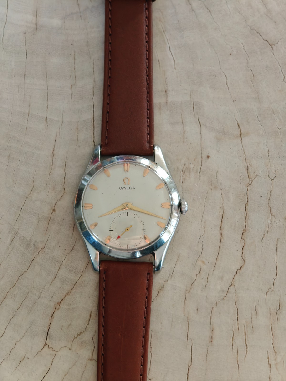 Circa 1952-53 OMEGA bold 36mm all SS, Serviced, looks/runs great, ca. 266!