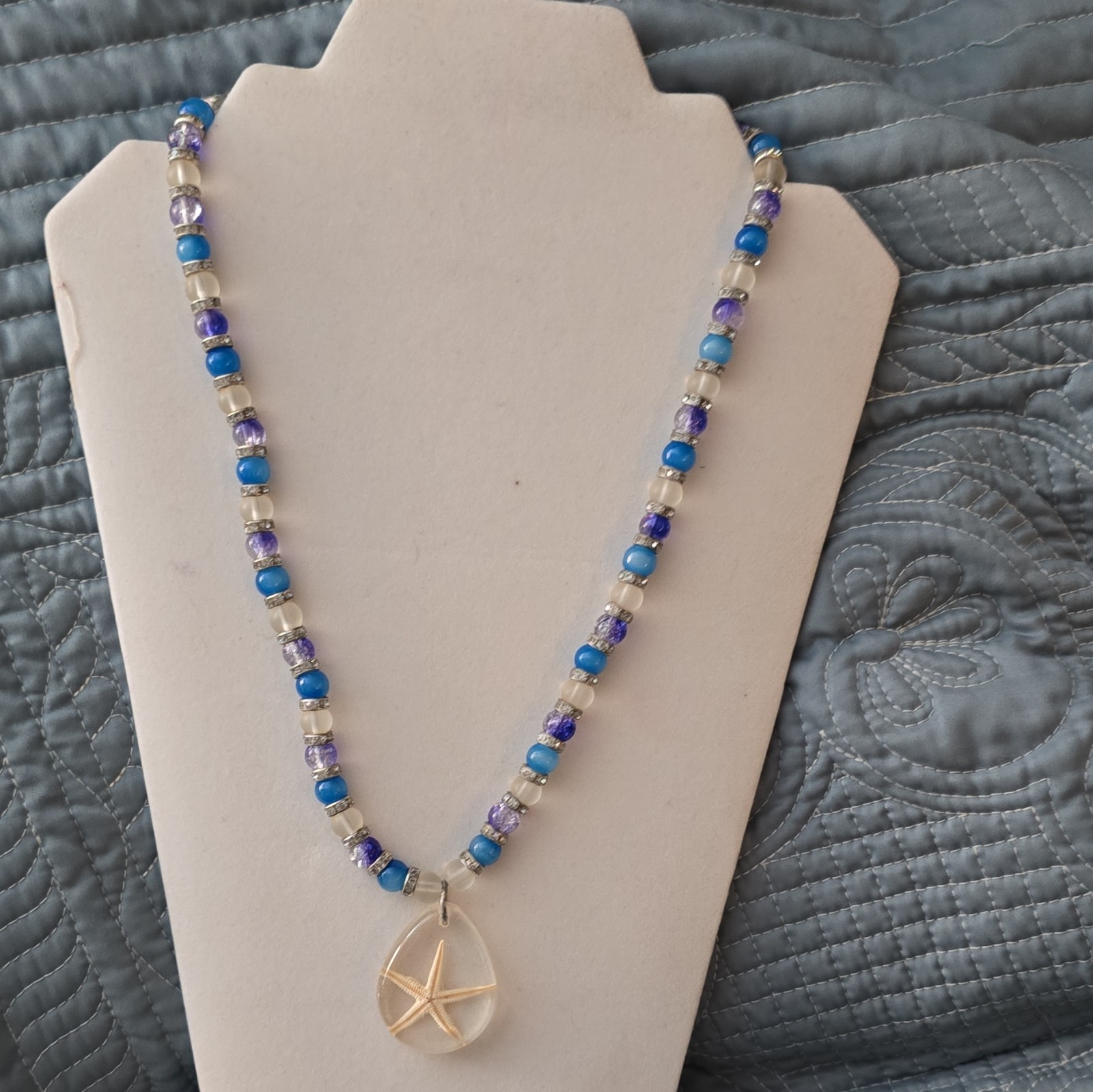 Handcrafted Resin Starfish Pendant Necklace, Glass Beads, Blue Purple White