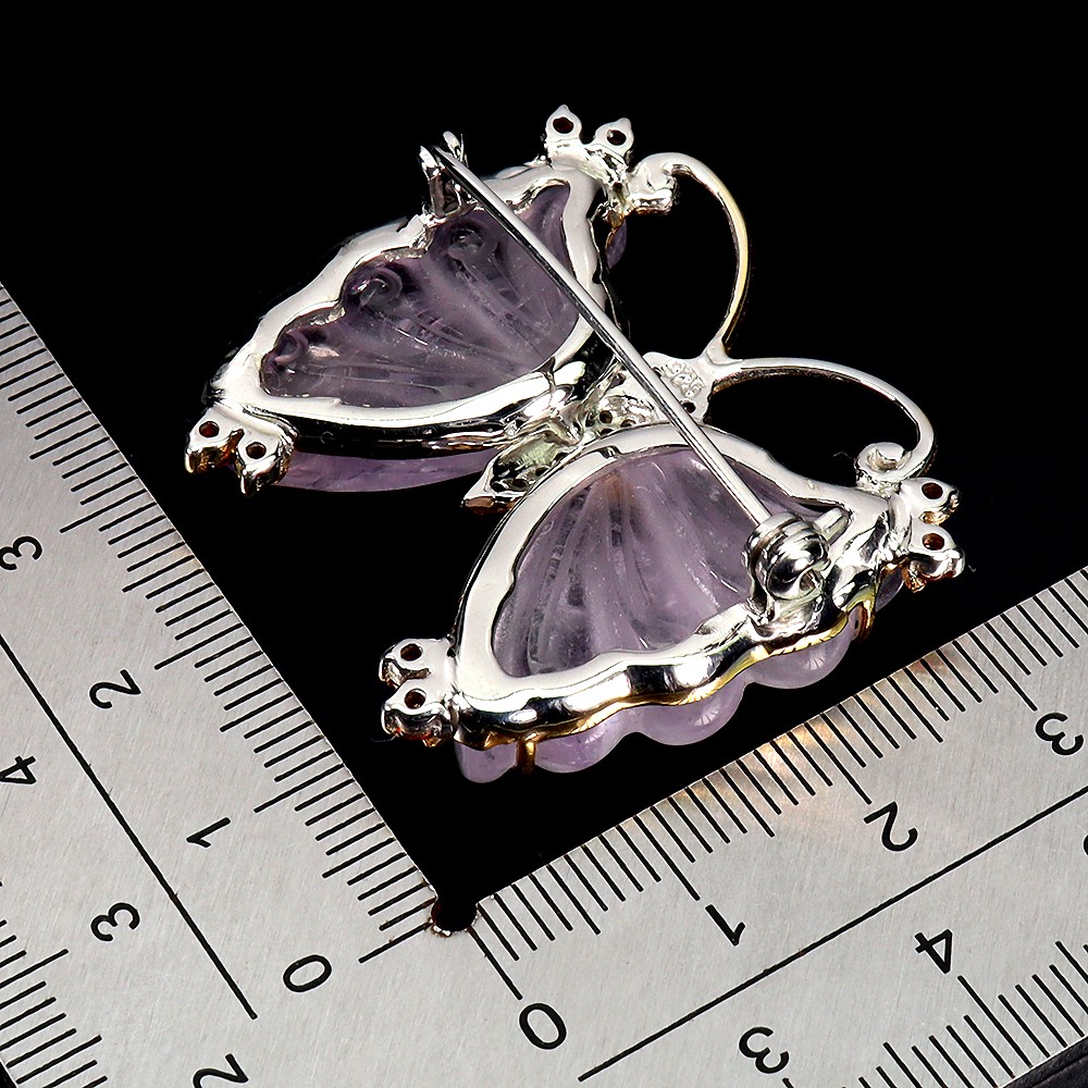 925 Sterling Silver Brooch Butterfly Carving Amethyst 41ct Handmade Gemstone