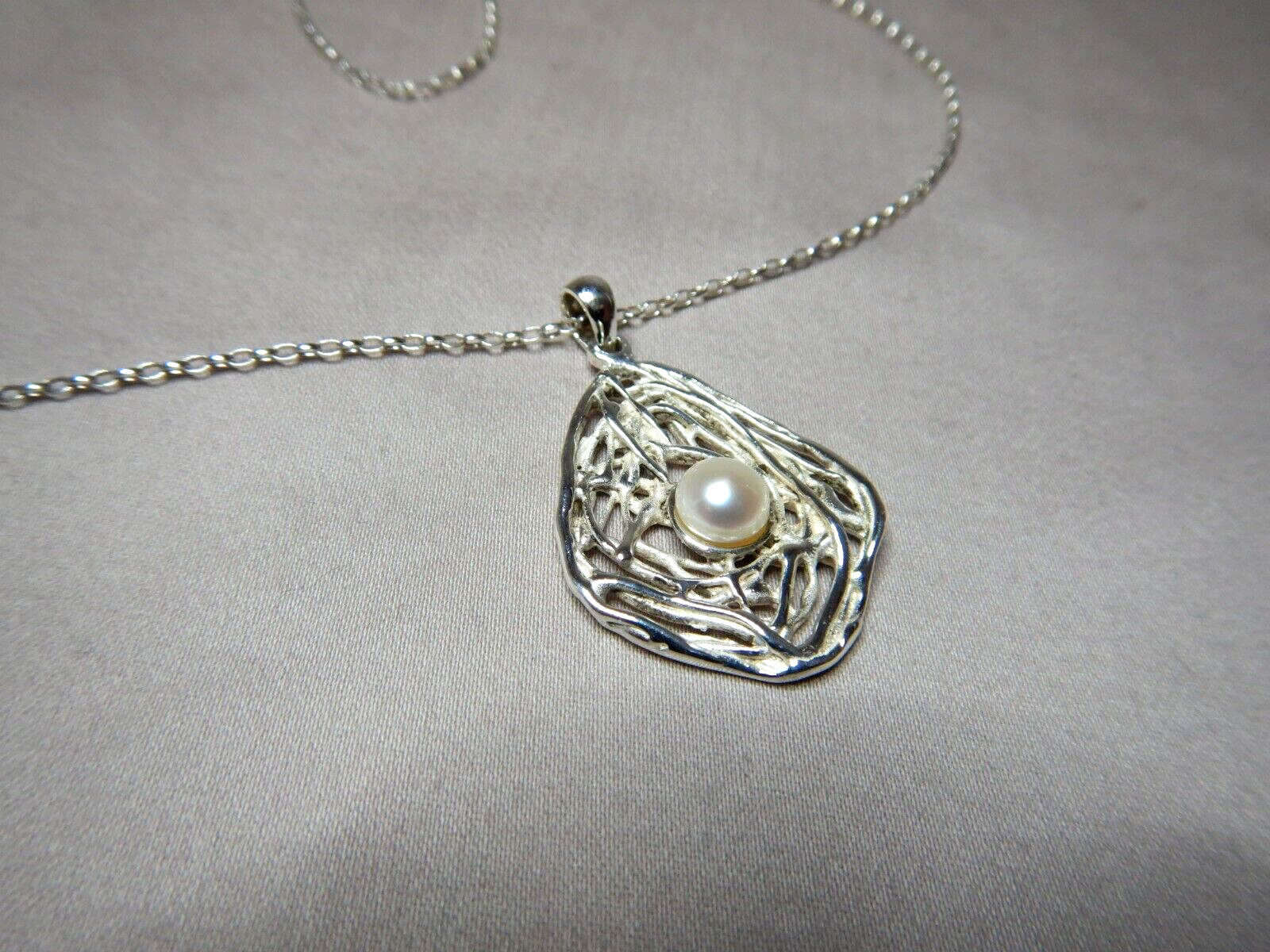 VINTAGE STERLING SILVER AND PEARL PENDANT CHAIN NECKLACE 2886