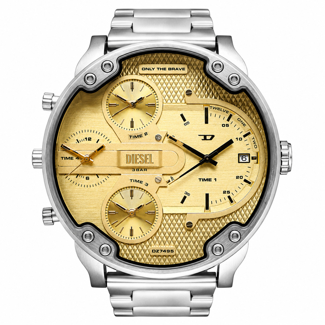 NEW Diesel DZ7495 Mens Oversized Watch Gold Dial Multi Time Zone Stainless Steel