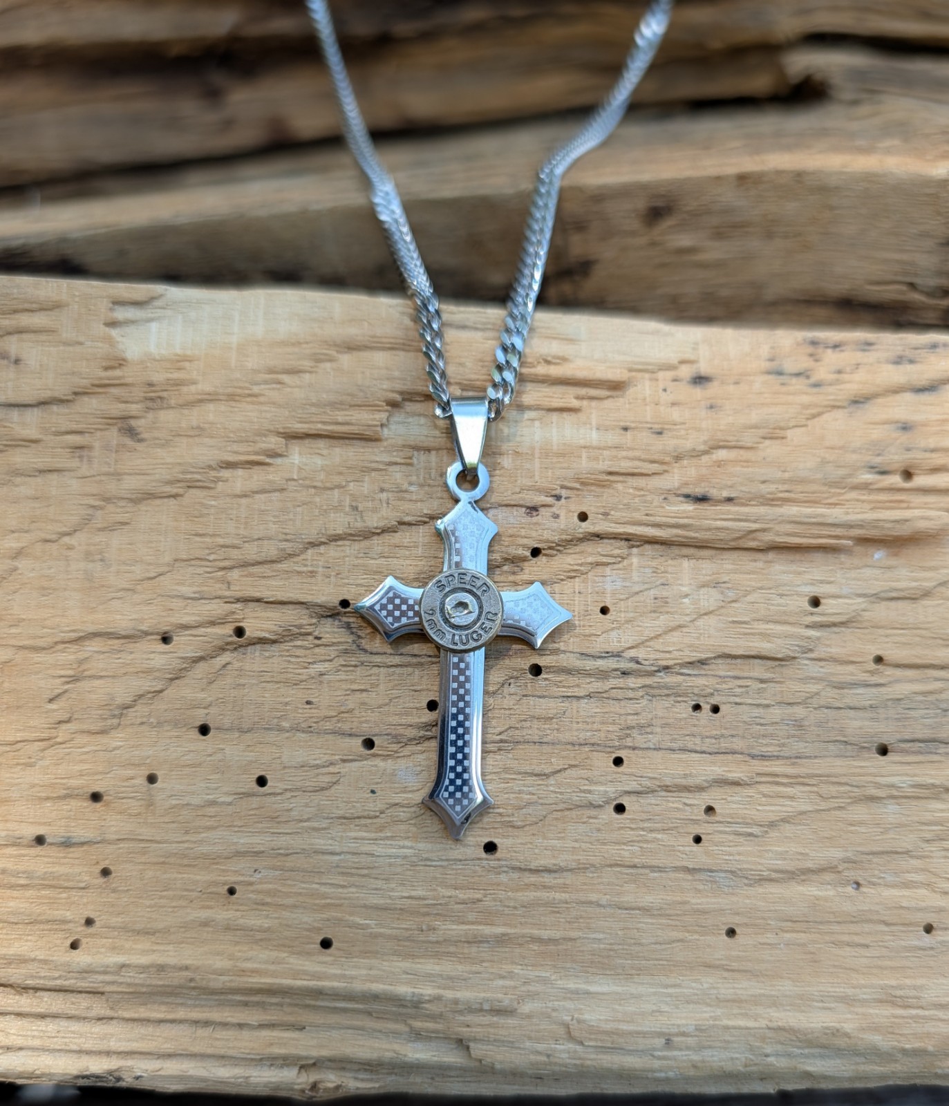 Stainless Steel Cross Necklace with 9mm Bullet. Optional Crystal.