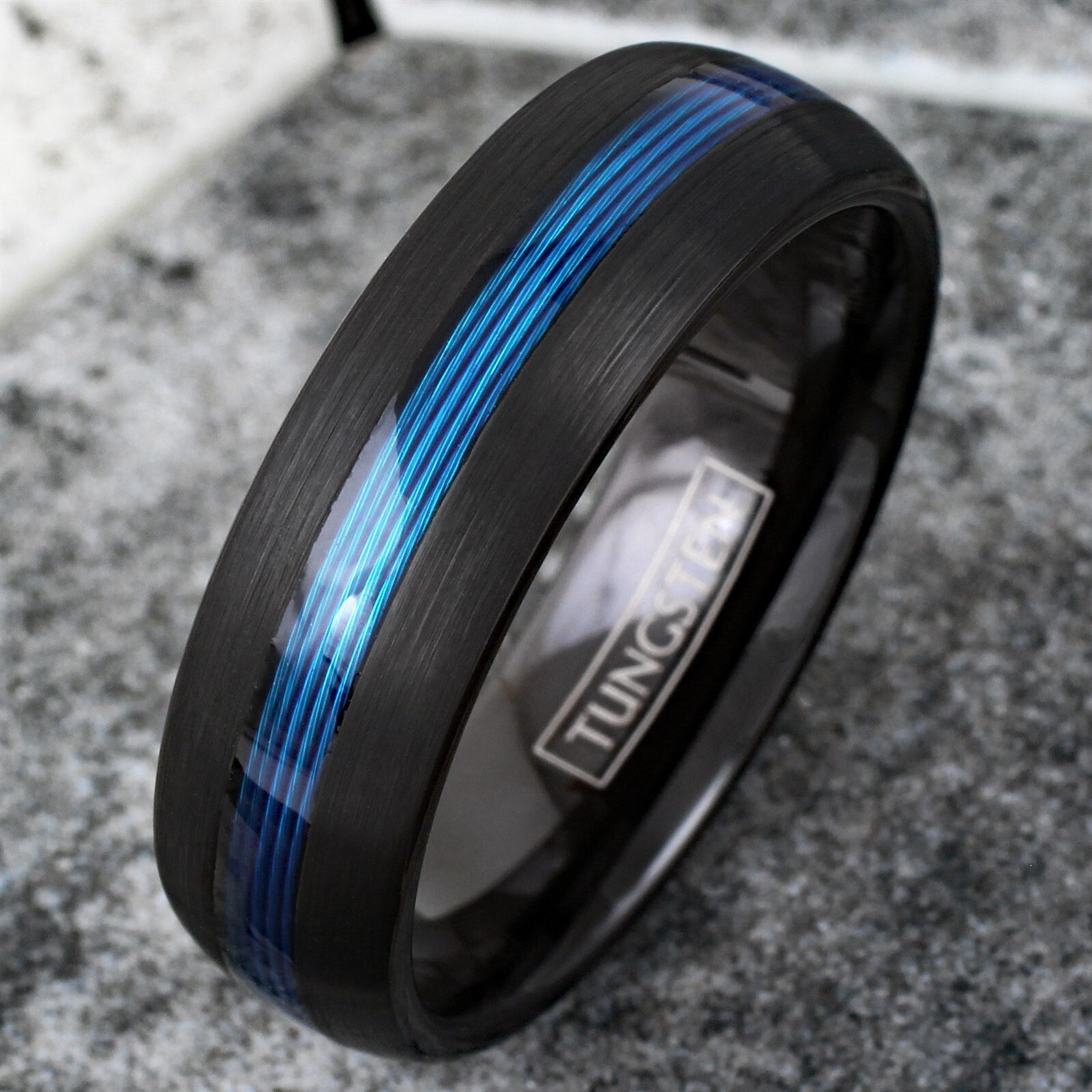 Tungsten Carbide Blue Fishing Line 7mm Brushed Band – Black or Rose Gold Plated
