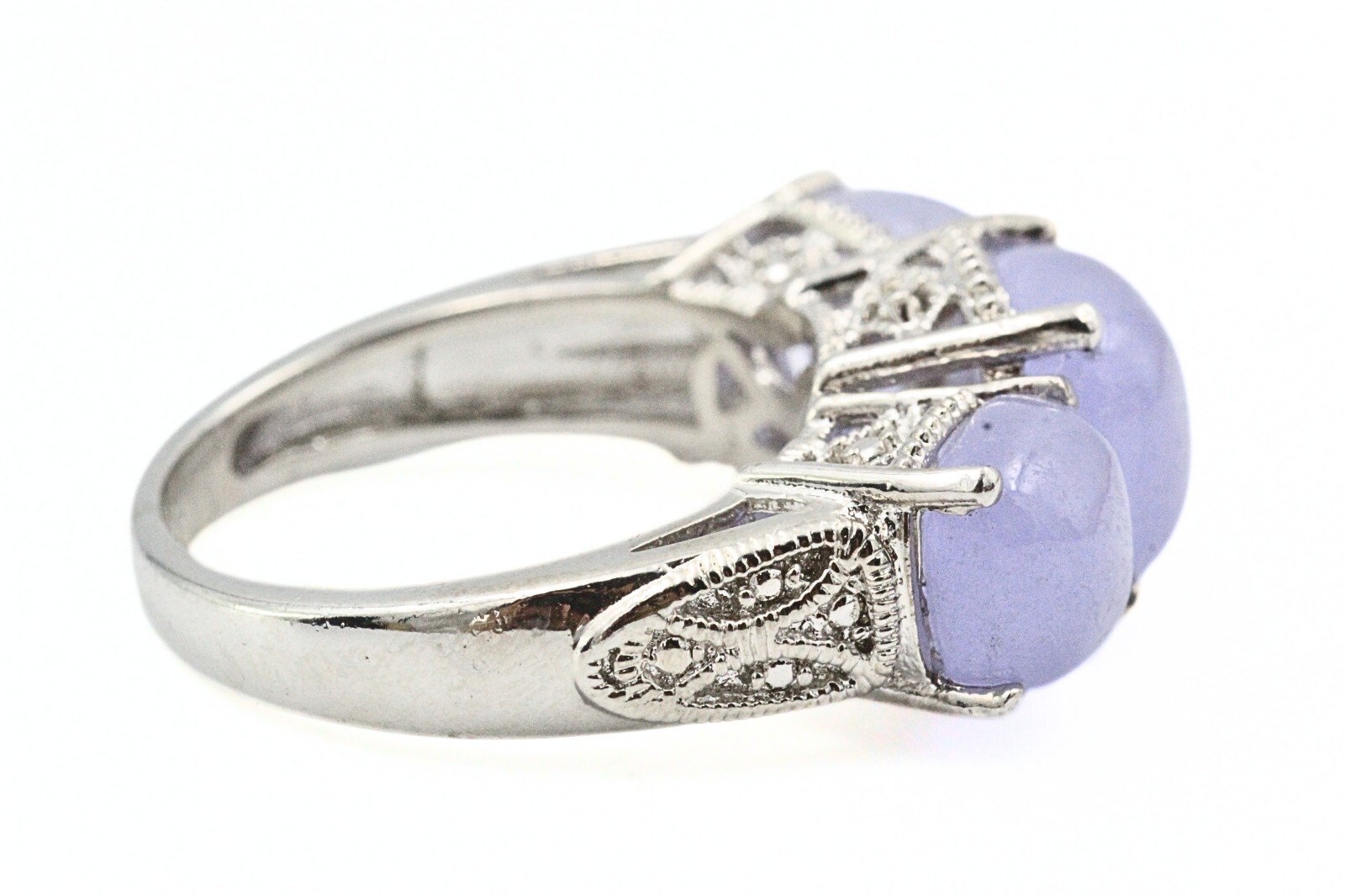 STS Karis Signed Contemporary Rhodium Plate 3 Stone Jade Ring Sz 7