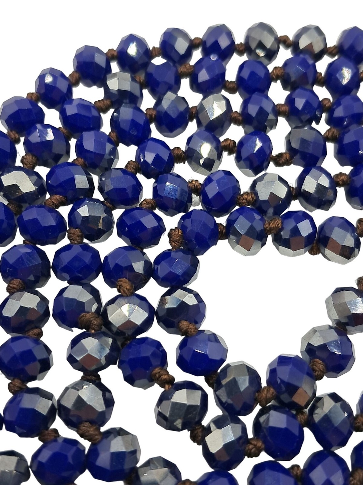 Vintage Glass Beaded Necklace Cobalt Royal Blue Silver Aurora Borealis Hand Knot