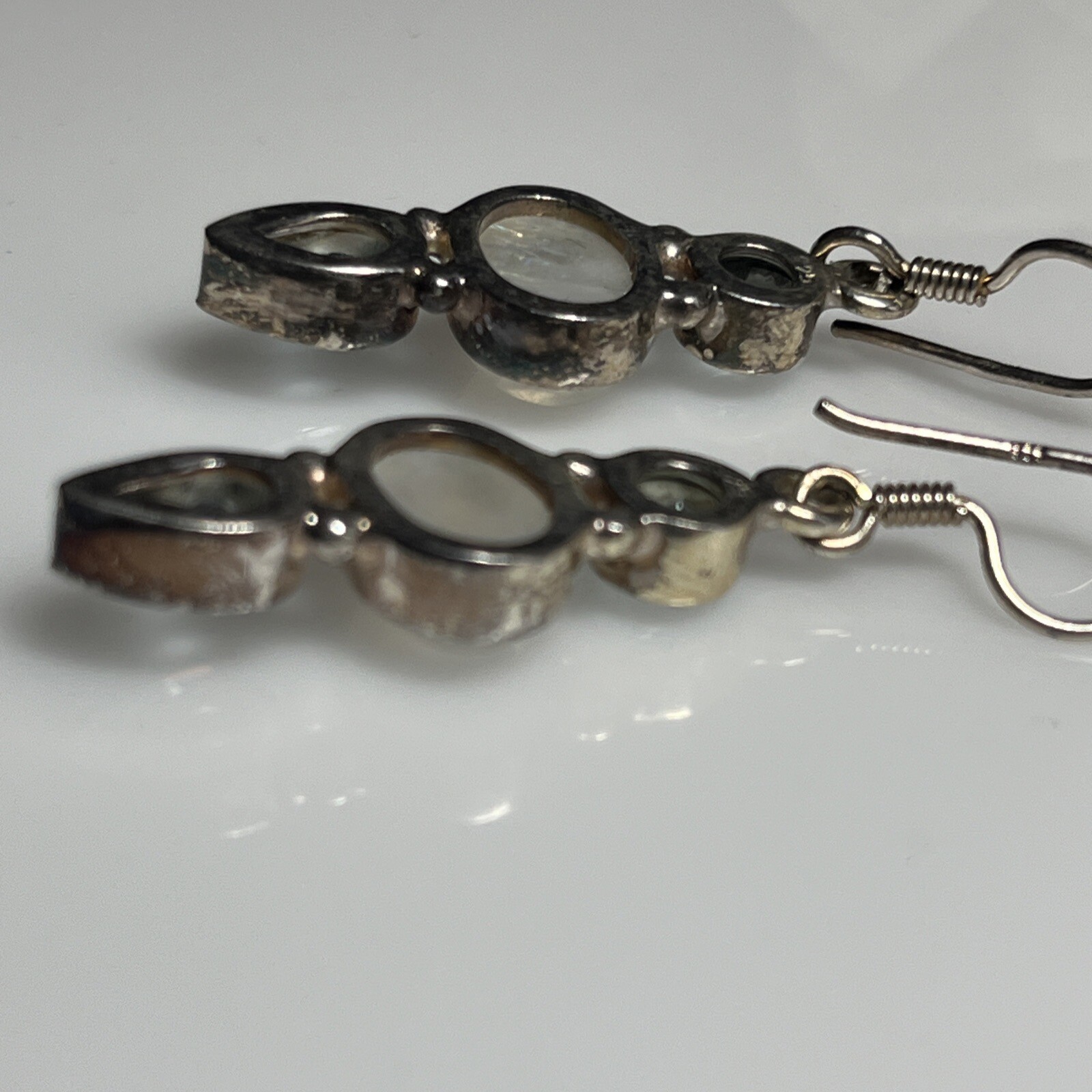Moonstone and Faceted Blue Topaz 925 Sterling Silver 3-Gem Dangle Earrings 8a