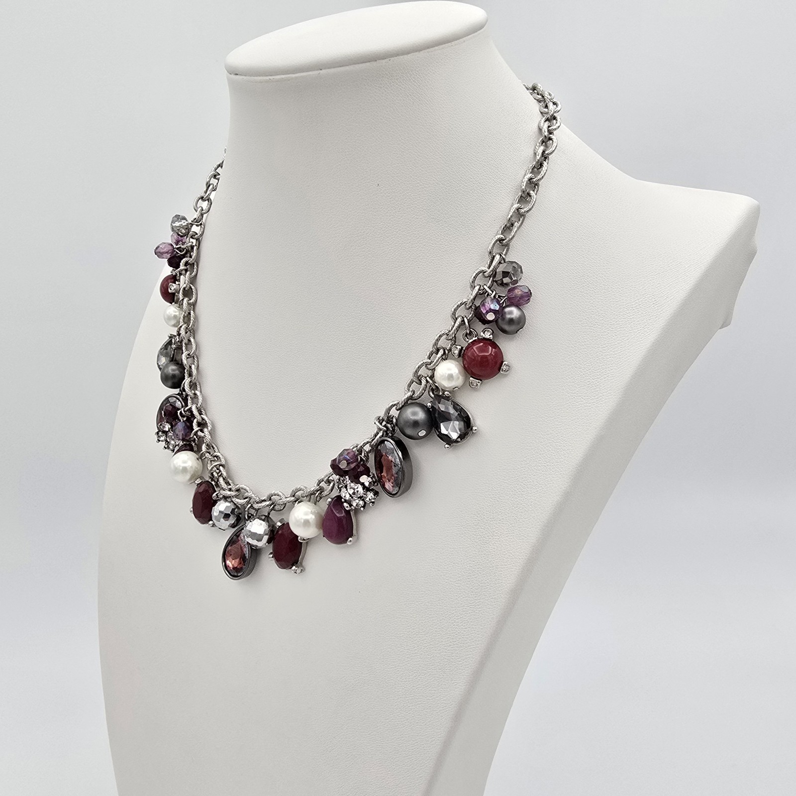White House Black Market Red Rhinestone & Faux Pearl Necklace Purple Gray White