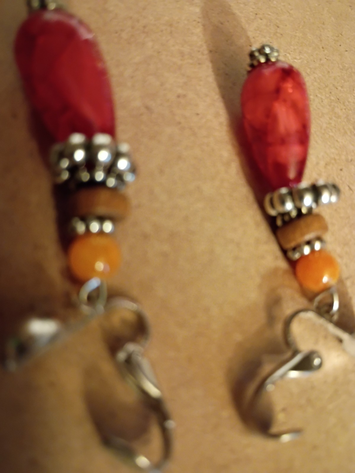 Red Broken Glass Bead, Wood Bead Dangle Clip-On Earrings Silver Tone Vintage