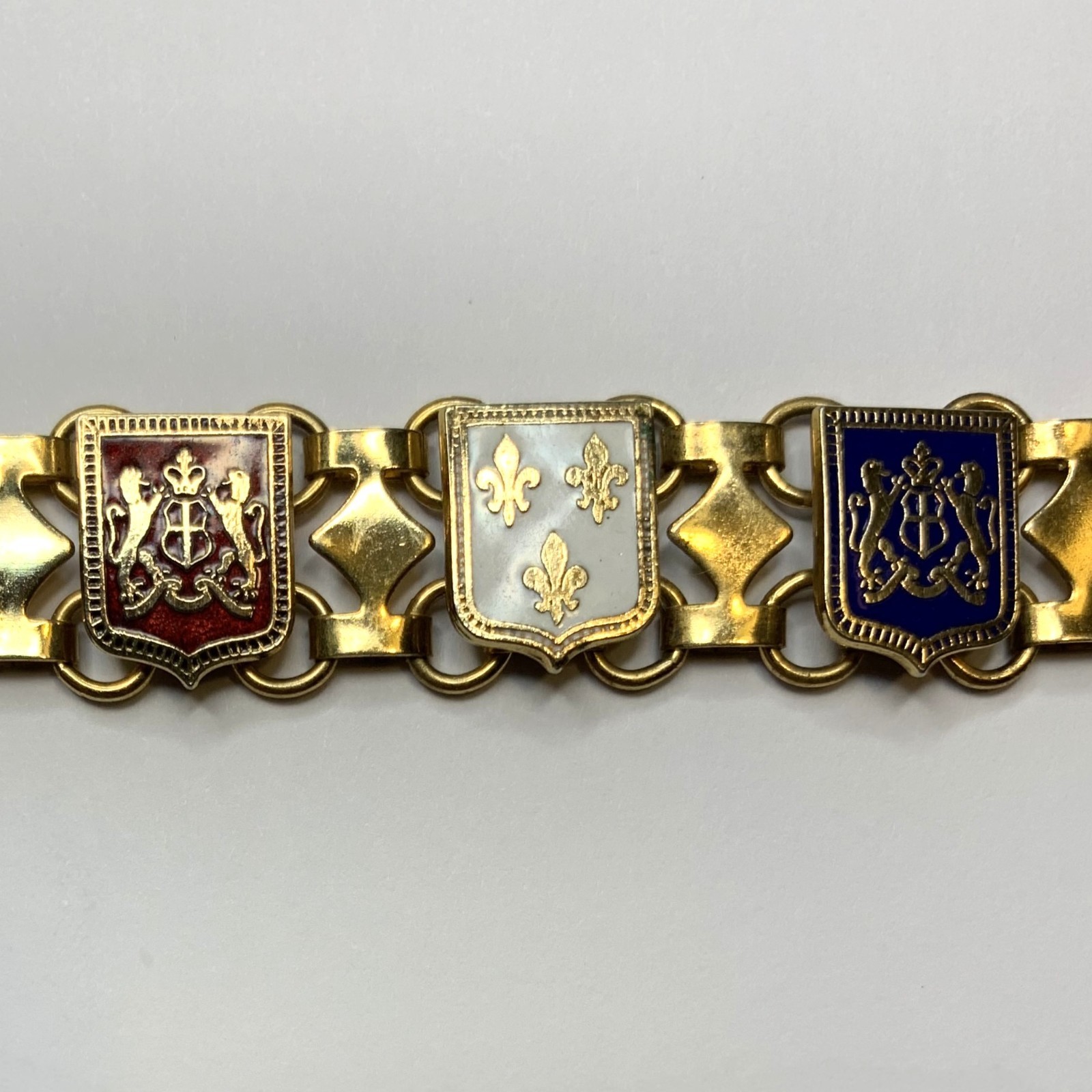 Vintage Gold Tone Enamel French Style Coat of Arms & Fleur De Lis Bracelet