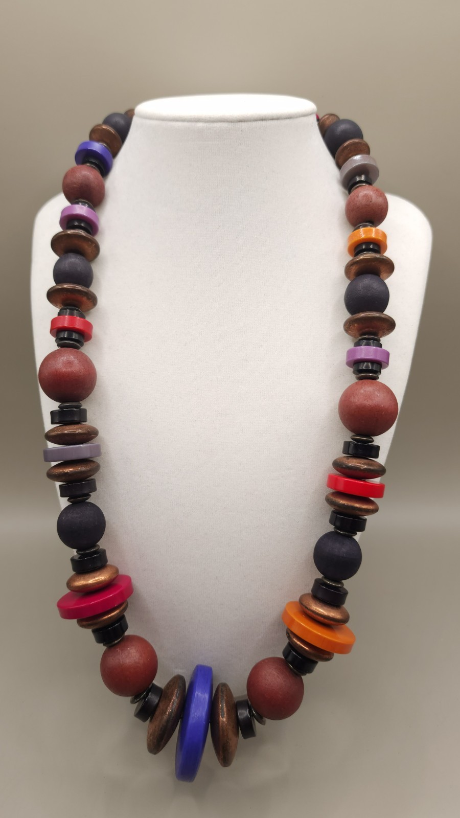 Vintage 70s 80s Chunky Wood Acrylic Bead Statement Necklace Boho Retro 23″ 3.2oz