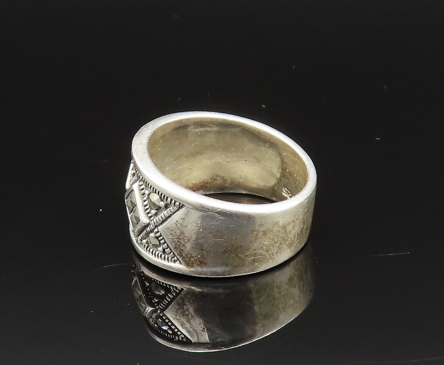 925 Silver Vintage Marcasite Diamond Shape Pattern Band Ring Sz 7 RG25563