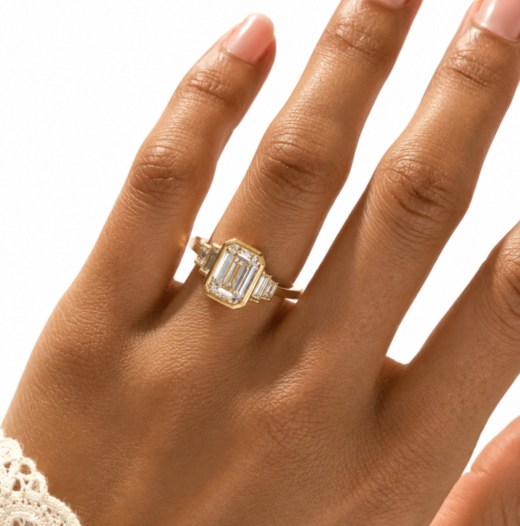 3 Carat Lab Grown Emerald Cut Diamond Bezel Set Engagement Ring in Yellow Gold