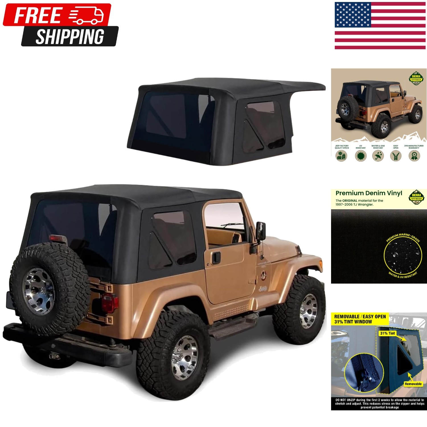 Sierra Offroad Soft Top for 1997 to 2006 Jeep Wrangler TJ – Black, Denim Viny…