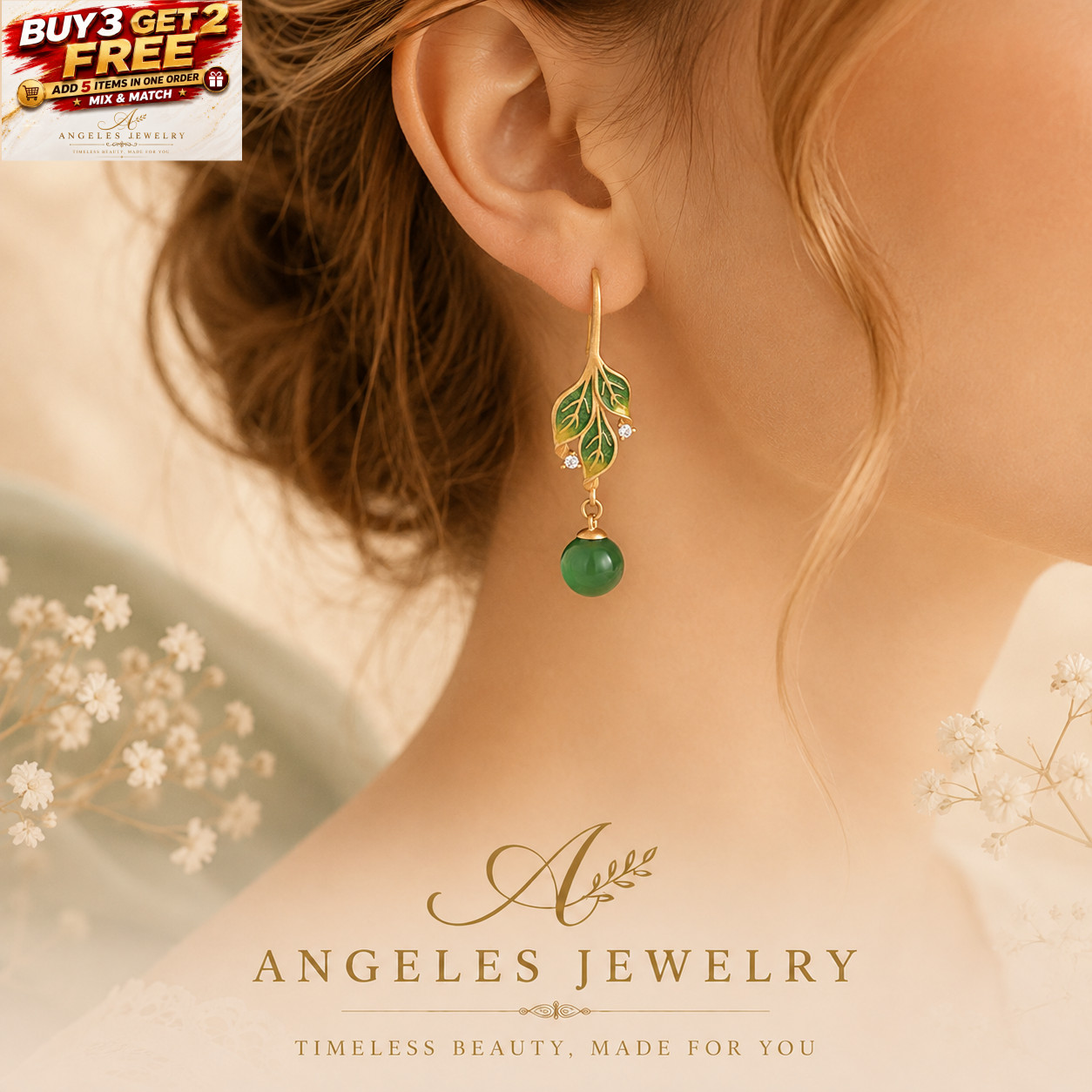 Green Jade Drop Dangle Earrings Boho Gemstone Leaf Design Hook 18K Gold Plated