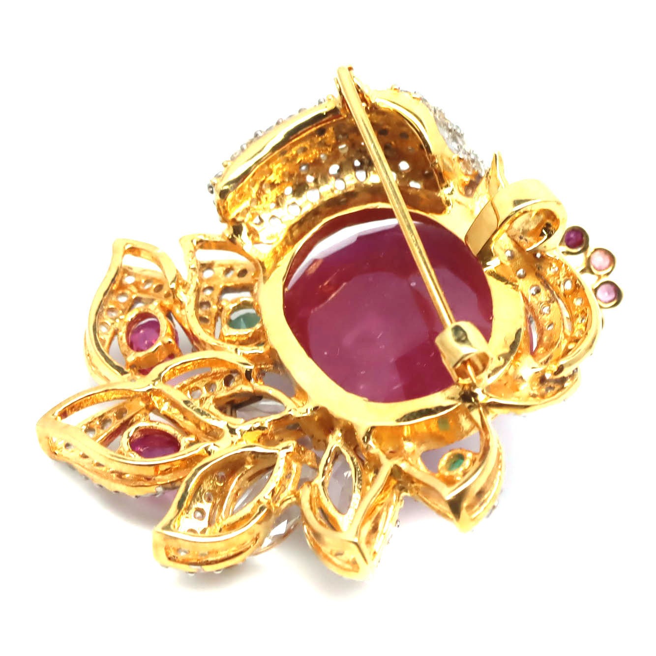 925 Silver 21×28 MM. Red Ruby, Topaz, Emerald, Sapphire & Zircon Brooch/Pendant