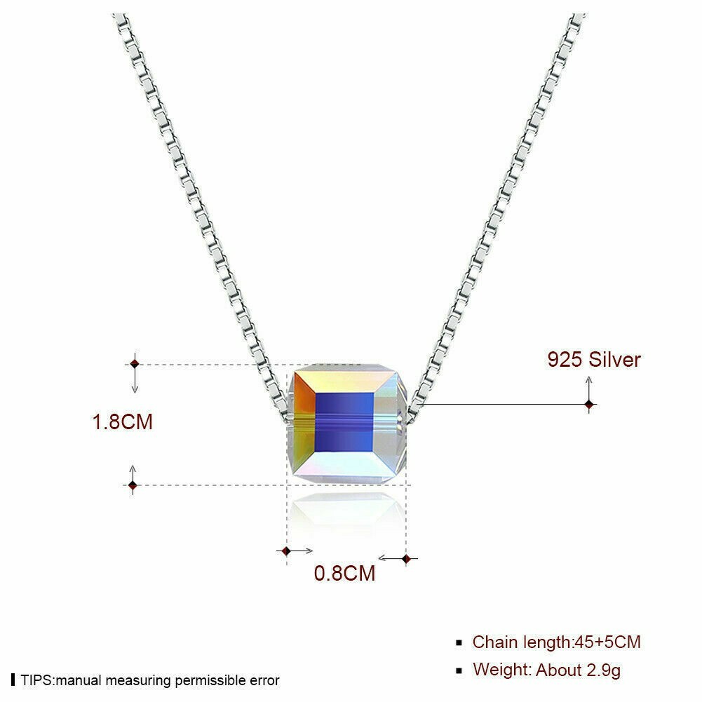 Aurora Borealis Square Crystal Cube Necklace & Stud Earrings Jewelry set