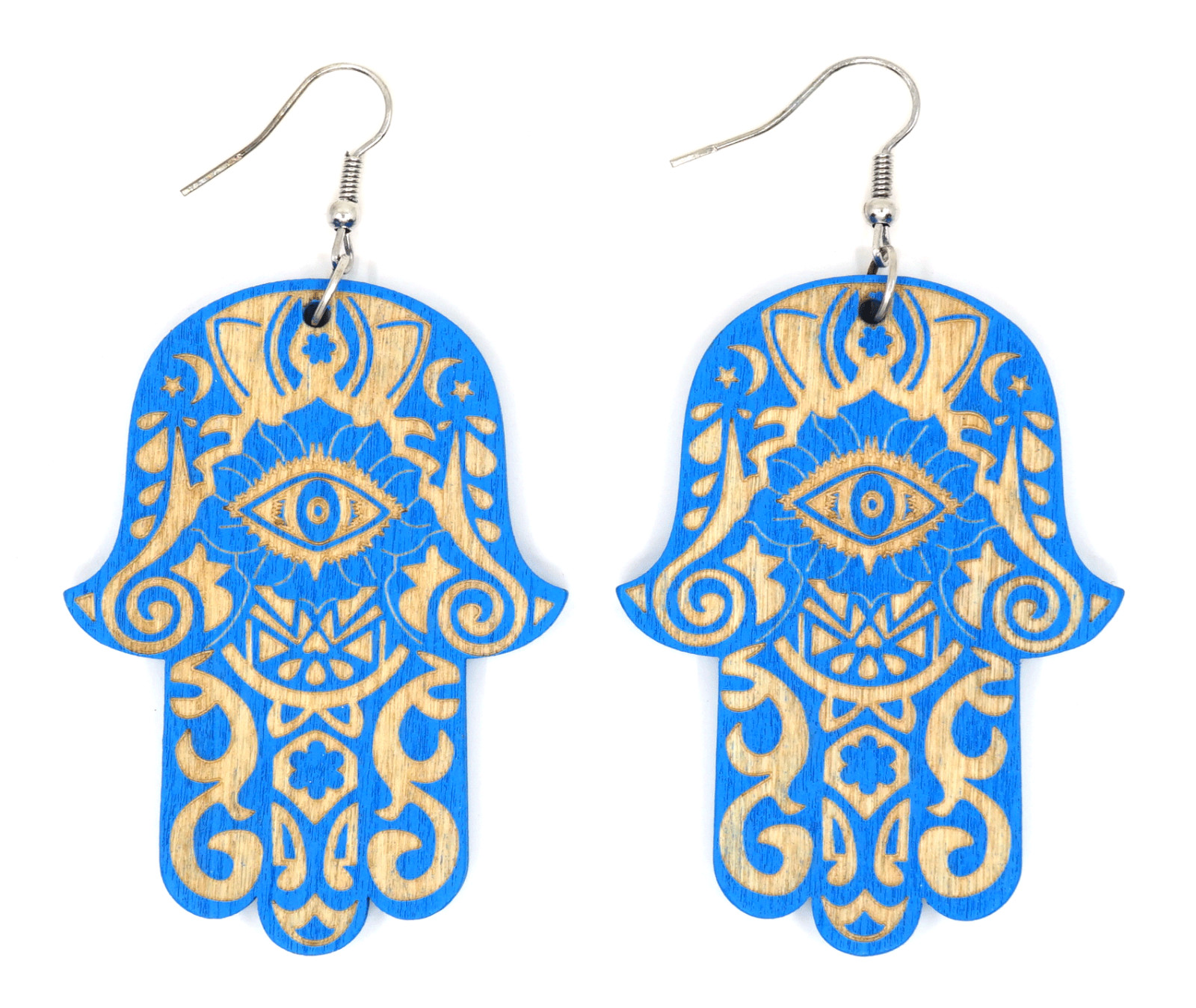 TB Hamsa Hand of Fatima Evil Eye Colorful Wood Natural Dangle Fashion Earrings
