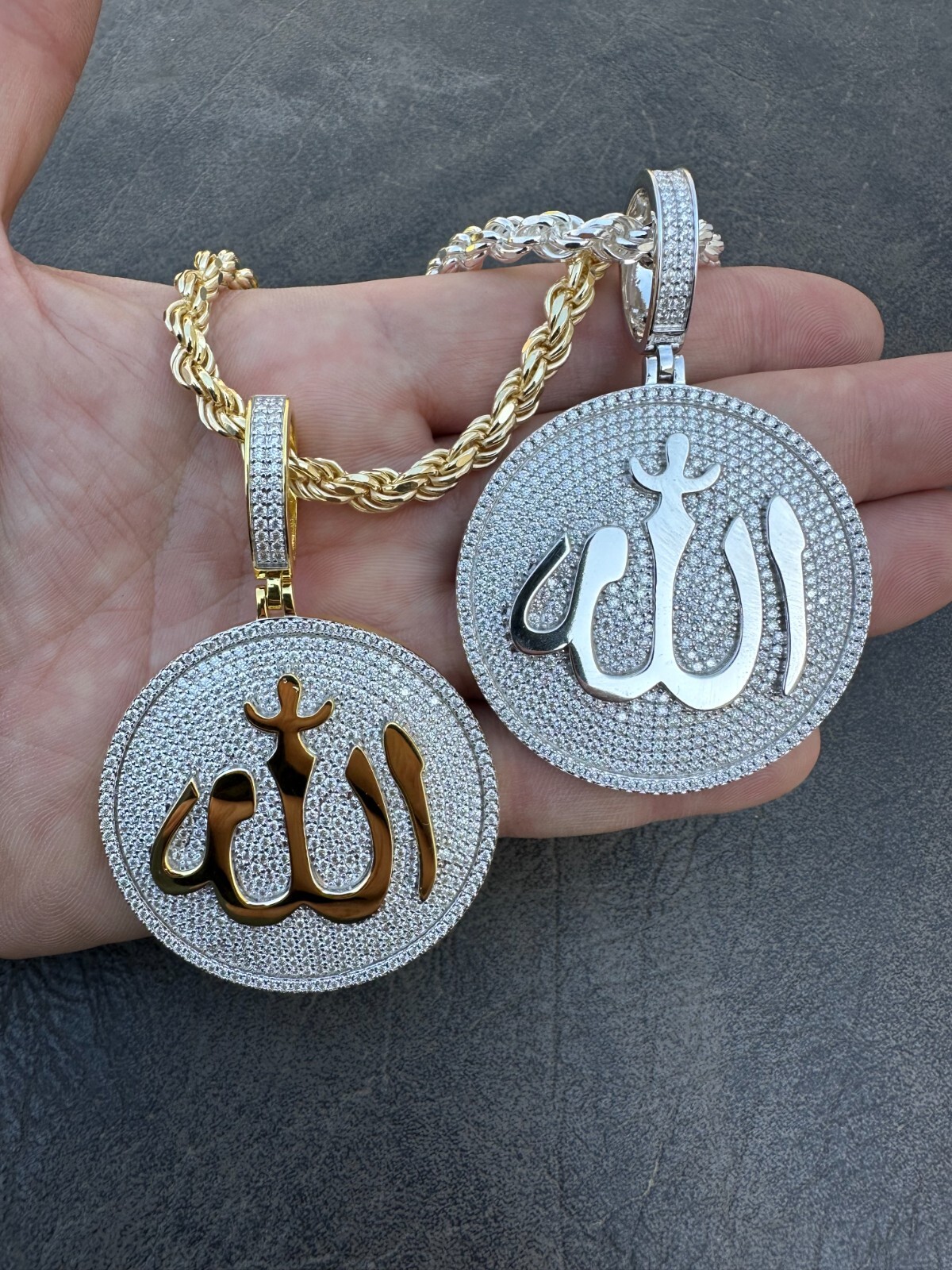 MOISSANITE Real 925 Silver / Gold Allah Medallion Arabic Necklace Pendant Iced