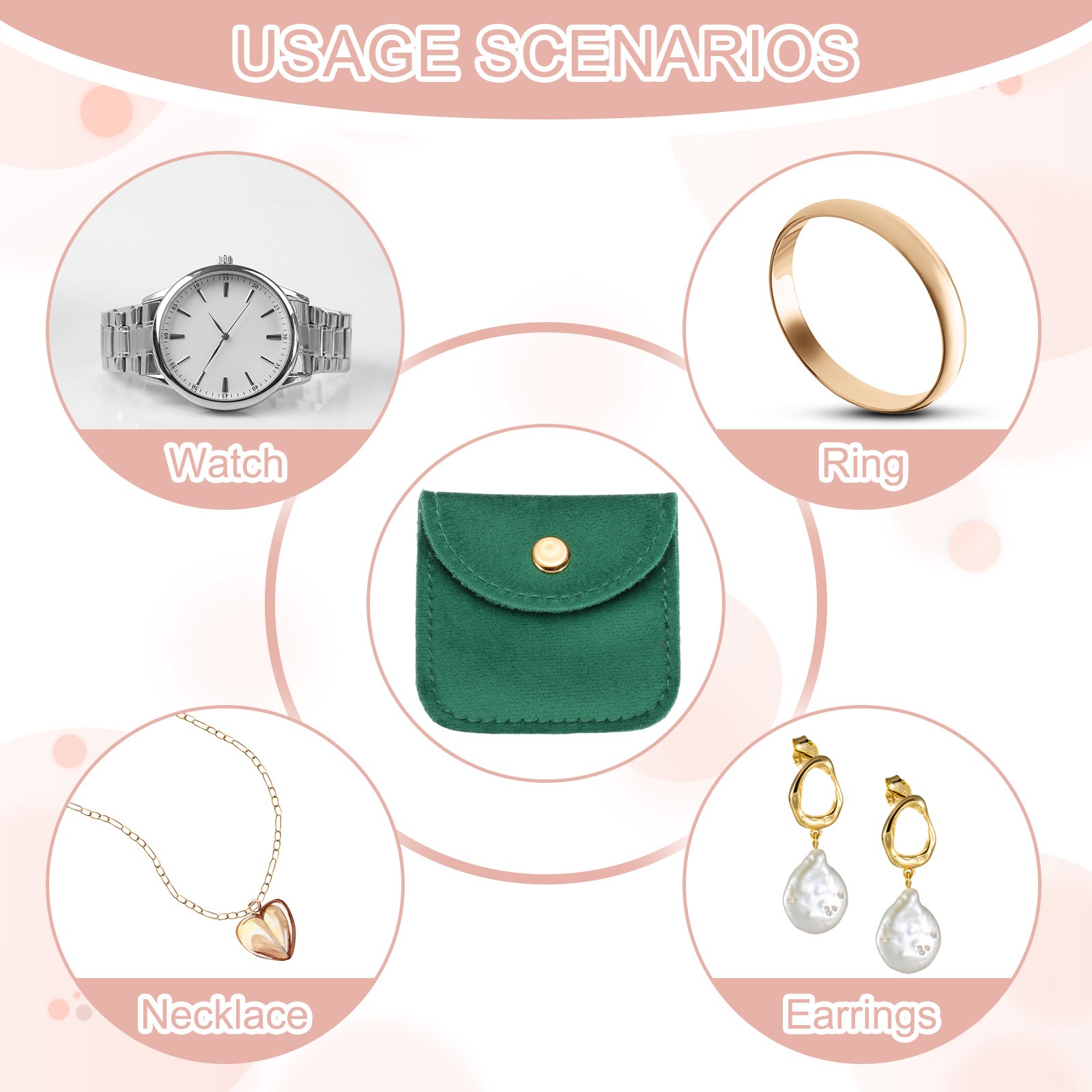 6 Pcs Velvet Jewelry Pouches Gift Bag with Snap Button (2″x2″/3″x3″) Dark Green