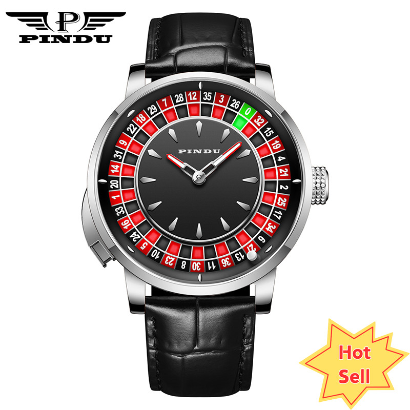 2024 PINDU roulette silver shell black belt button men’s mechanical watch luxury