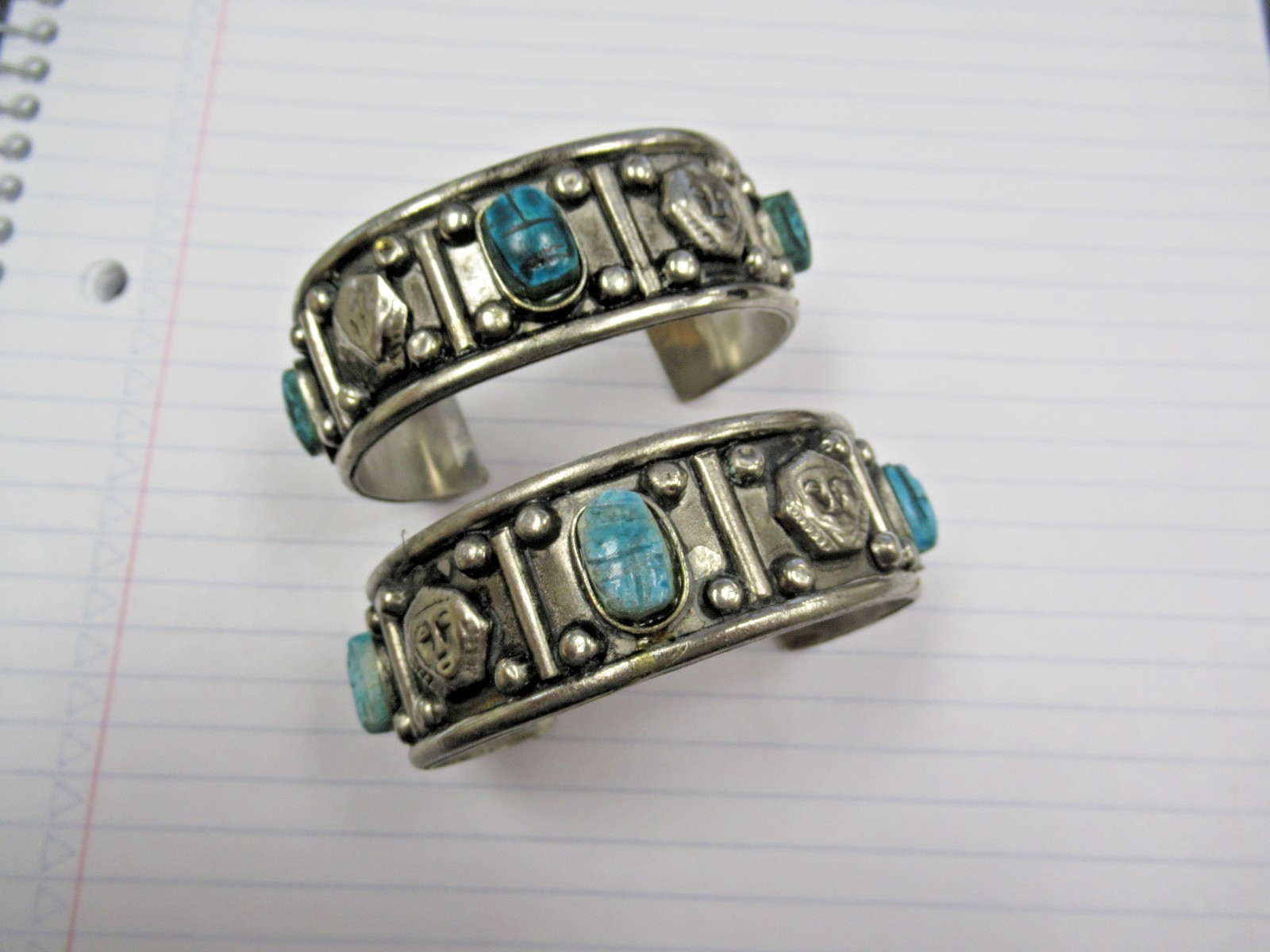 2 Vintage Made Egypt Egyptian Faience 3 Scarab Costume Jewelry Cuff Bracelets