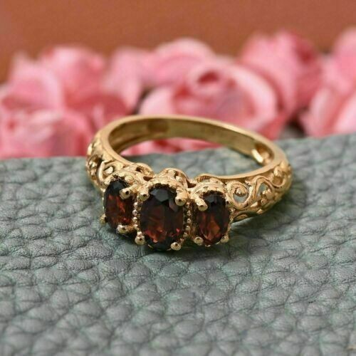 3Ct Oval Cut Three Stone Red Garnet Lab Created VintageRing 14K Yellow Gold Over