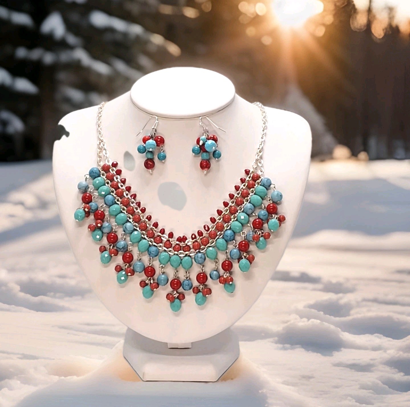 CHAP’S, Ralph Lauren Turquoise Red Silver 10″L Bib Necklace + 1.5″L Earrings Ap4