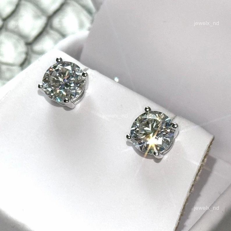 Round Natural Diamond Christmas New Stud Artisan Earrings Jewelry 14K White Gold