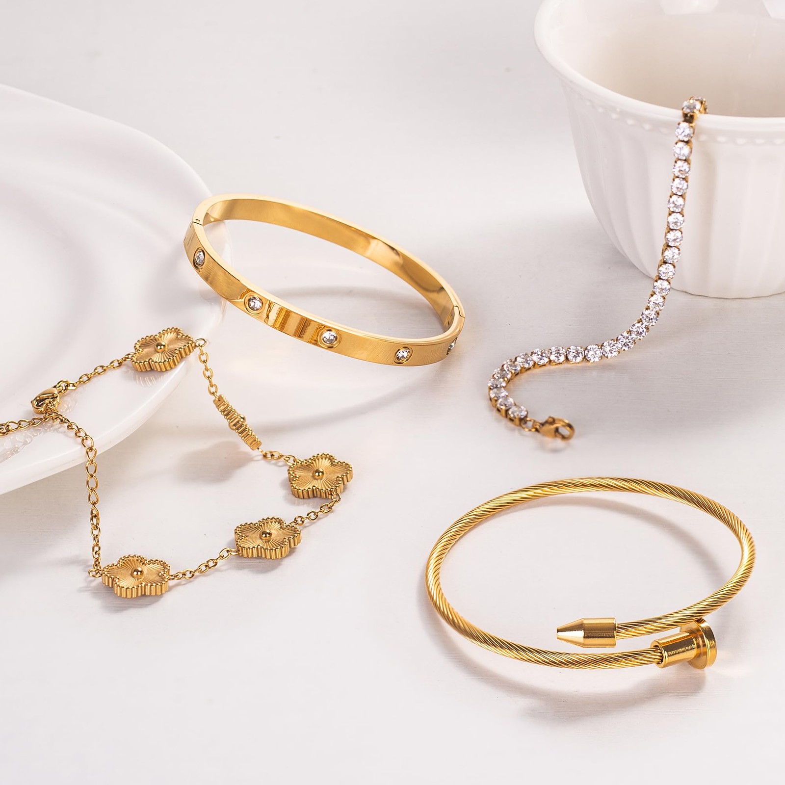 GIVCHO 18K Gold Plated Nail Love Bangle Bracelet Set for Women One Size,