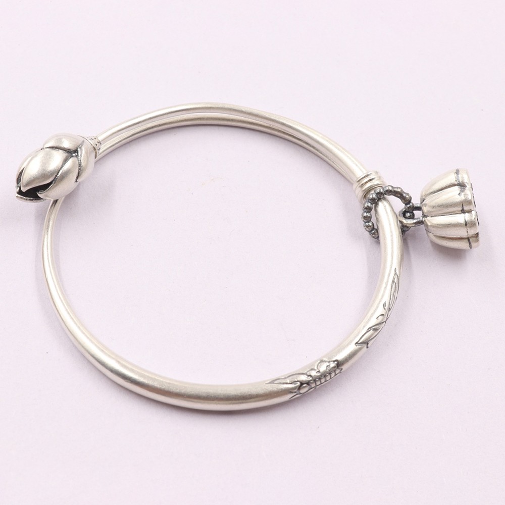 Pure S999 Fine Silver 999 Bracelet Women Lotus Flower Bangle 25-26g ID:54-58mm