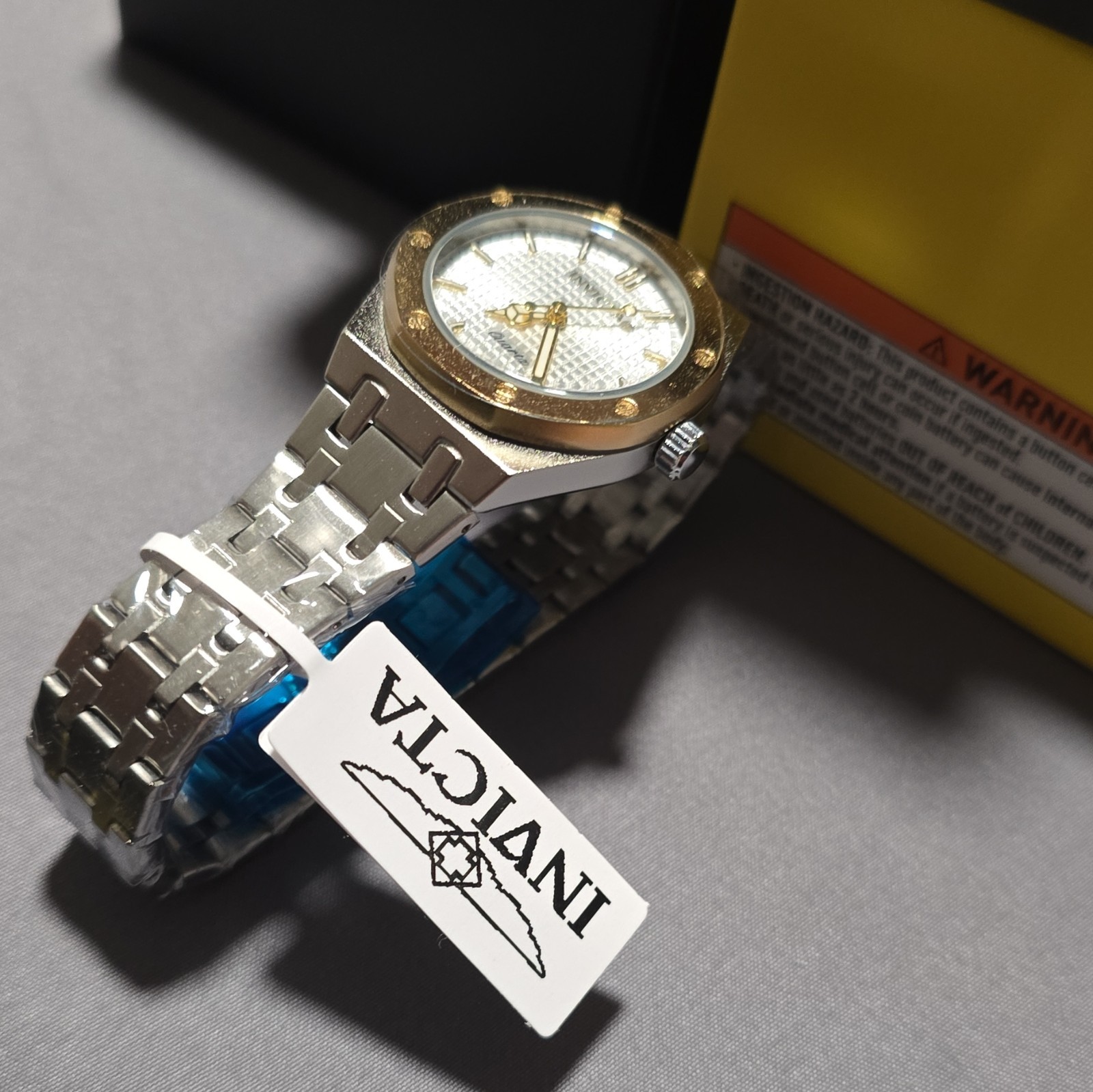 Invicta Quartz Analog Silver Textured Dial Steel Bracelet Gold Bezel w/ Box