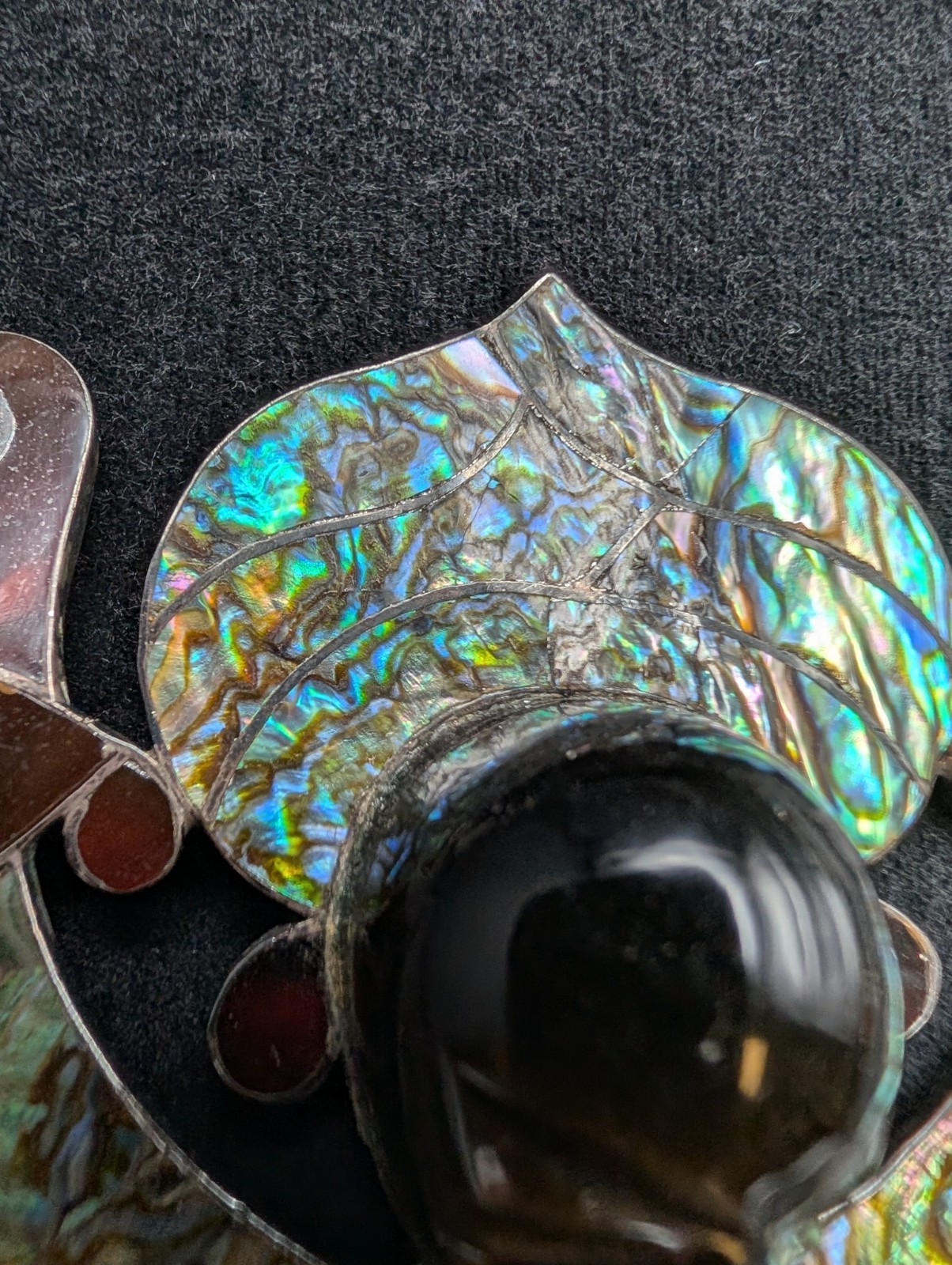 Vtg Statement Piece 925 Mexico Sheen Obsidian Tortoise & Abalone Shell