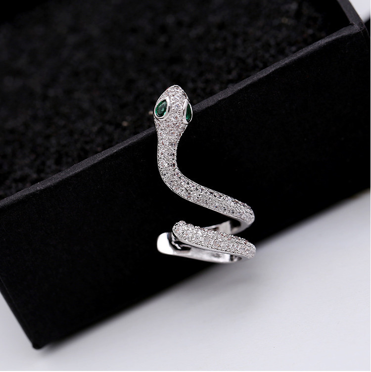 18k white gold CZ snake green eyes single left earring ear cuff climber Box PE37