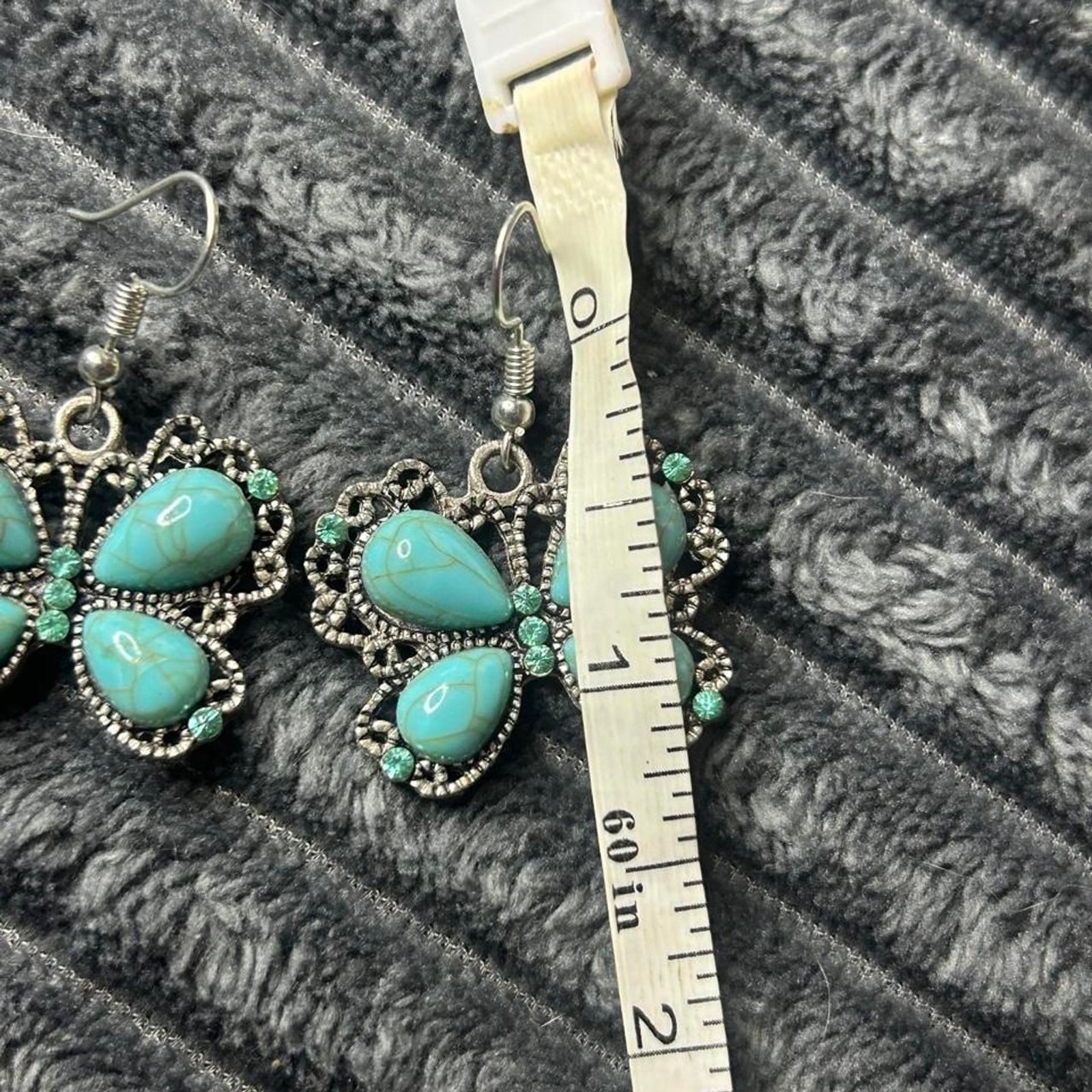 Western Faux Turquoise Butterfly Dangle Earrings Silver Filigree Teal